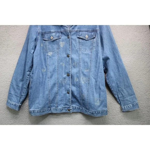 Quaker Factory Blue Denim Jean Jacket-Size Large-Rhinestone Hearts - Picture 3 of 10